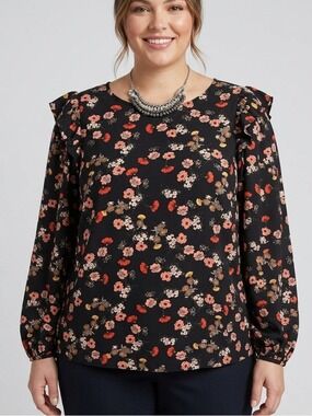 😍SHOW SPECIAL ELOQUII Black Floral Long Sleeve Blouse Size 20